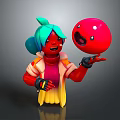 Game Movie Character With Red Skin Teal Hair Yellow Orange Outfit Holding Red Smiling Ball