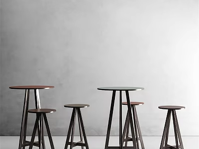 Minimalist Bar Counter Design With Wooden Stools In Various Heights And Gray Wall Background 3d model