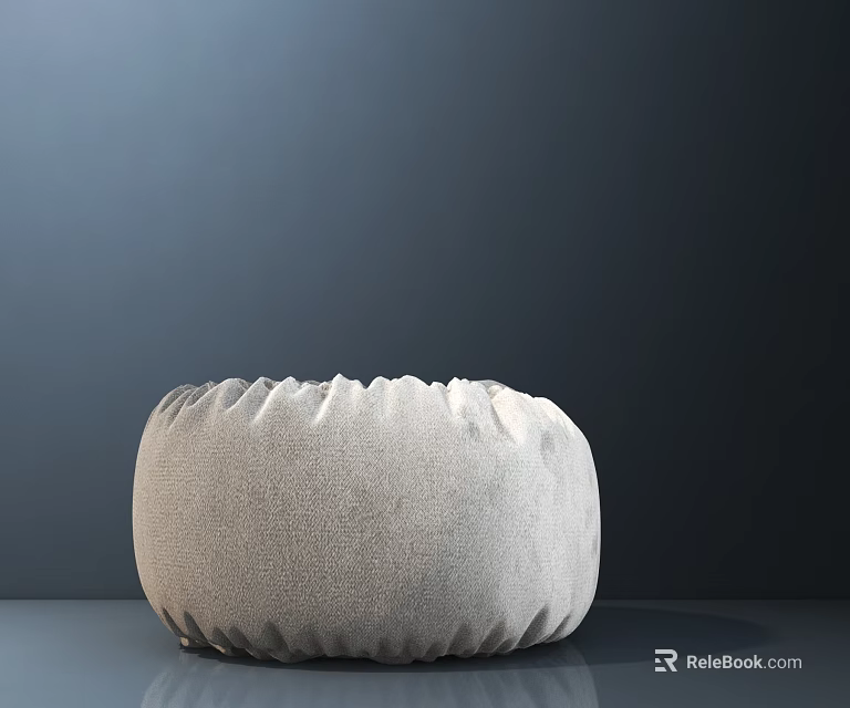 Light Gray Fabric Round Pouf With Textured Pleated Edges For Modern Living Space 3d model 