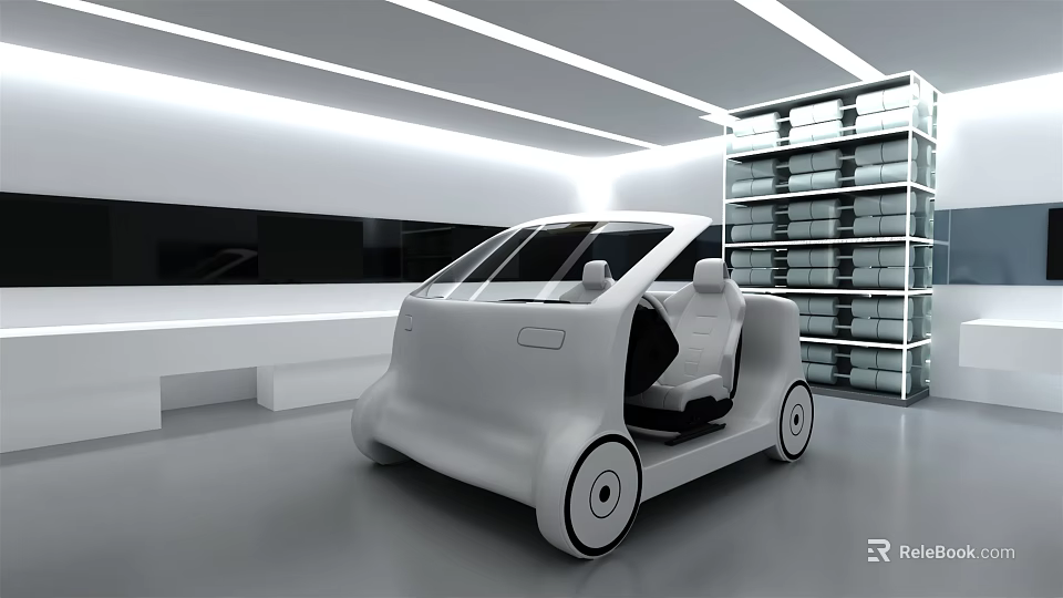 Futuristic Small Car In Modern Interior With White Walls And Shelving Units 3d model 