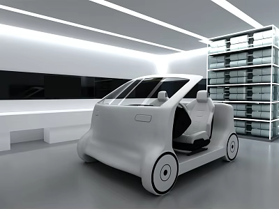 Futuristic Small Car In Modern Interior With White Walls And Shelving Units 3d model