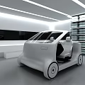 Futuristic Small Car In Modern Interior With White Walls And Shelving Units