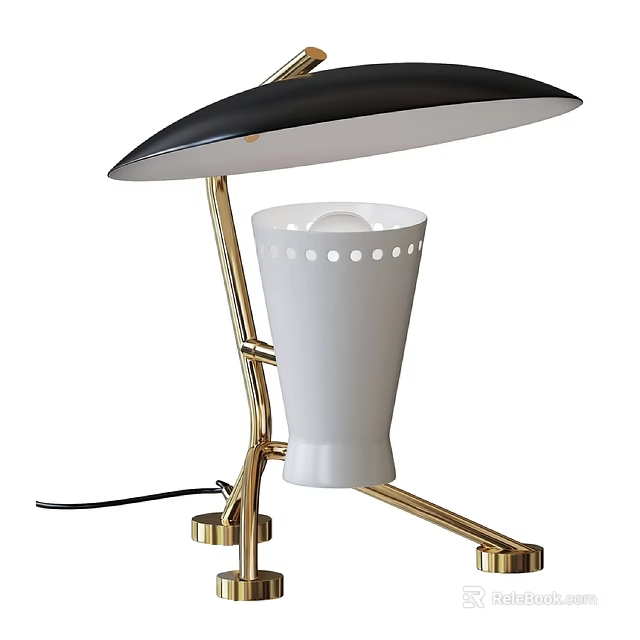 Chic Table Lamp With Black Lampshade Golden Stand And White Perforated Detail 3d model 