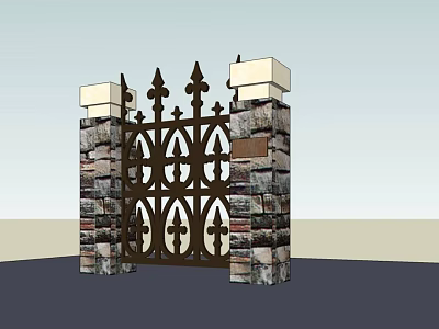 Ornate Iron Entrance Gate With Stone Pillars And Square Top Decorative Design 3d model