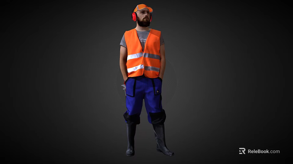 A Man Wearing Orange Reflective Vest And Blue Pants With Orange Earmuffs And Cap 3d model 