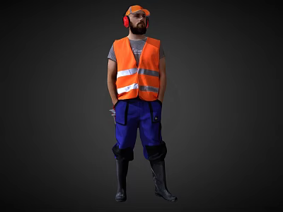 A Man Wearing Orange Reflective Vest And Blue Pants With Orange Earmuffs And Cap 3d model