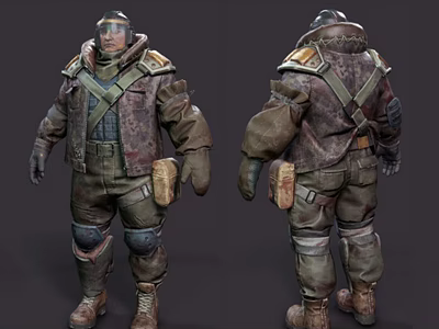 Game Movie Character In Heavy Protective Suit With Armor And Cross Straps Front Back View 3d model