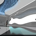 Modern Interior Space With Wave Like Dripping Design People Taking Photos And Perforated Wall