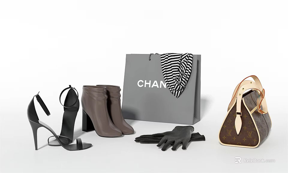 Chic Women's Shoes Collection High Heels Ankle Boots With Luxury Bags Scarf And Gloves 3d model 