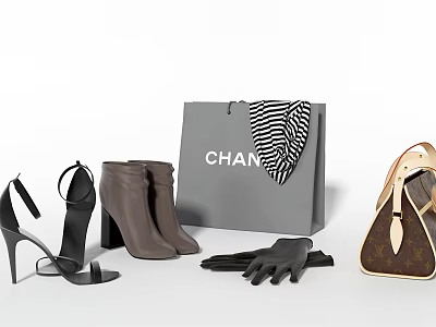 Chic Women's Shoes Collection High Heels Ankle Boots With Luxury Bags Scarf And Gloves 3d model