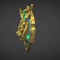 Ornate Weapon Badge With Golden Frame Detailed Lion Head Green Gemstones And Decorative Wings
