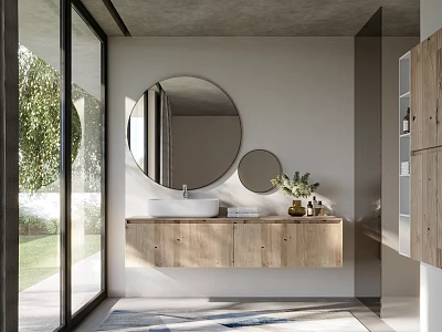 Modern Bathroom Interior With Round Mirror Wooden Vanity And Potted Plant 3d model