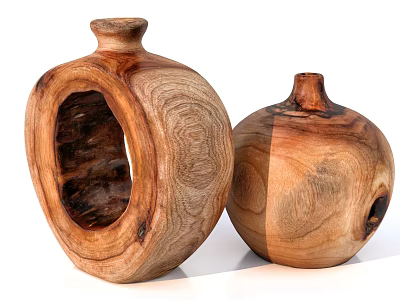 Two Artisanal Wooden Vases With Natural Grain Texture And Unique Shapes 3d model