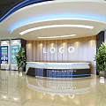 Modern Shop Front Desk Interior with Yellow Seats Round Table Glass Walls and Green Plant