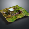 Detailed Terrain Model Featuring Green Grass White Stone And Brown Structure 3d model
