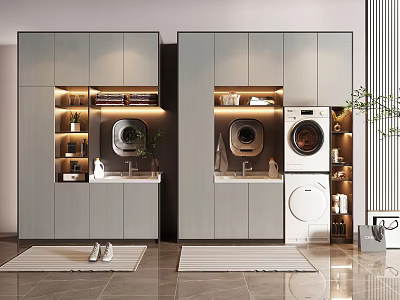 Modern Gray Bathroom Cabinet Rack with Washing Machine Sink Plants and Storage Shelves 3d model