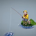 Cute Game Movie Character Fishing With Yellow Hat Jacket Green Grass Bucket And Water Ripples