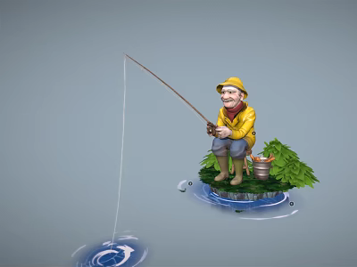 Cute Game Movie Character Fishing With Yellow Hat Jacket Green Grass Bucket And Water Ripples 3d model