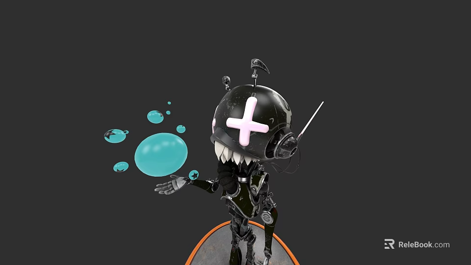 Mechanical Robot Character With Pink Cross Head Holding Staff And Blue Bubbles 3d model 