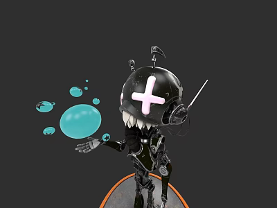 Mechanical Robot Character With Pink Cross Head Holding Staff And Blue Bubbles 3d model