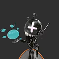 Mechanical Robot Character With Pink Cross Head Holding Staff And Blue Bubbles