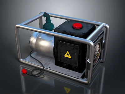 Industrial Equipment With Metal Frame Green Component Red Button Black Panel And Yellow Warning Sign 3d model