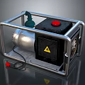 Industrial Equipment With Metal Frame Green Component Red Button Black Panel And Yellow Warning Sign