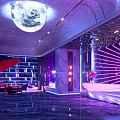 KTV Lounge Interior With Illuminated Moon Purple Blue Lighting And Radial Neon Lines