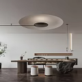 Serene Modern Tea Room Interior With Wooden Table Round Ceiling Light And Green Plants