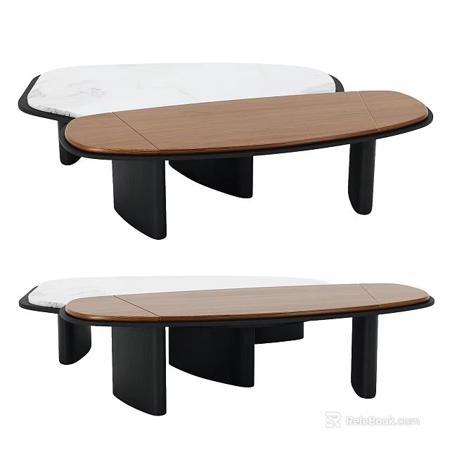 Oval Shaped Modern Coffee Table With Wooden Top And Black Legs 3d model 