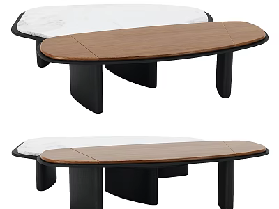 Oval Shaped Modern Coffee Table With Wooden Top And Black Legs 3d model
