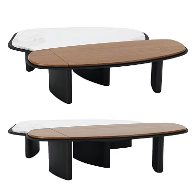 Oval Shaped Modern Coffee Table With Wooden Top And Black Legs 3d model