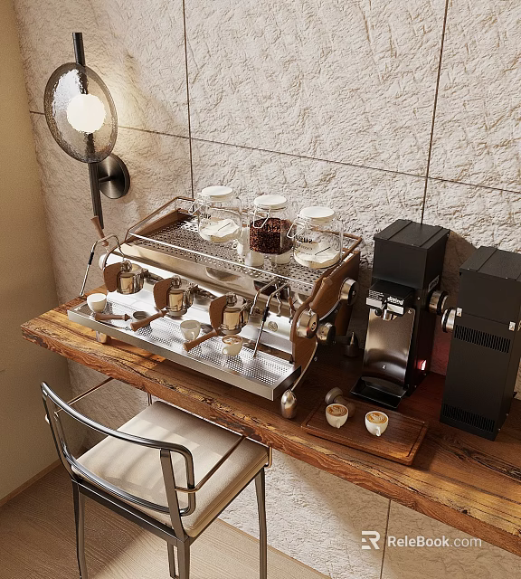 Coffee Kitchenware Set on Wooden Table with Black Coffee Machine and Tile Wall 3d model 