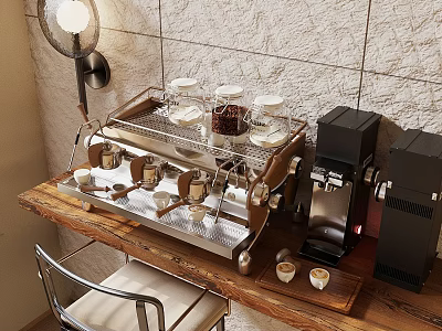 Coffee Kitchenware Set on Wooden Table with Black Coffee Machine and Tile Wall 3d model