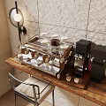 Coffee Kitchenware Set on Wooden Table with Black Coffee Machine and Tile Wall
