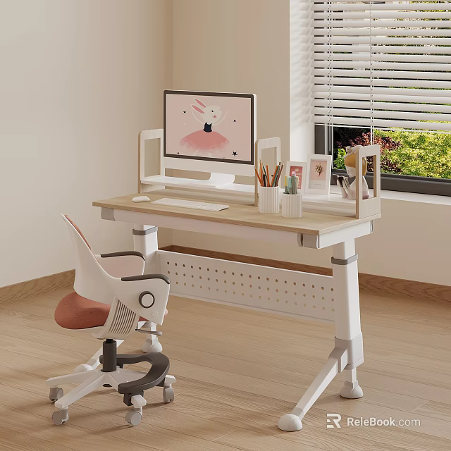 Cozy Study Space With White Desk Pink Chair Monitor Window Blinds And Green Plants 3d model 