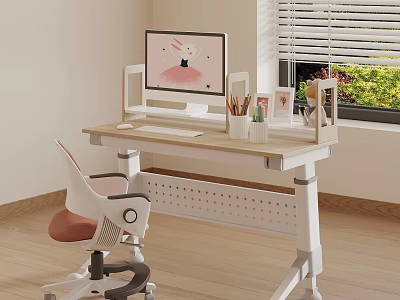 Cozy Study Space With White Desk Pink Chair Monitor Window Blinds And Green Plants 3d model