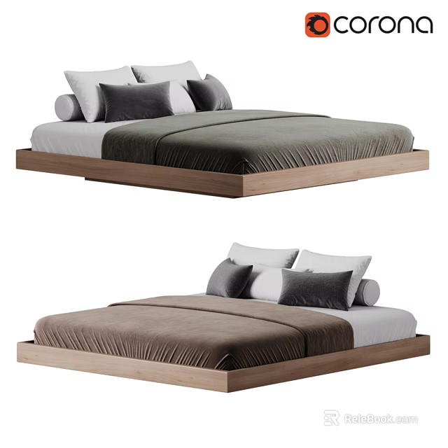 Modern Double Platform Bed With Wooden Frame Gray Brown Bedding And Pillows 3d model 