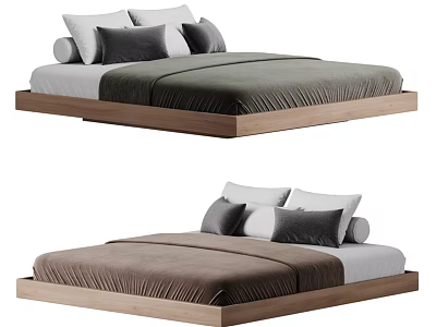 Modern Double Platform Bed With Wooden Frame Gray Brown Bedding And Pillows 3d model