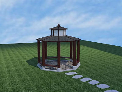 Traditional Octagonal Wooden Gazebo On Lush Green Lawn With Stone Path 3d model