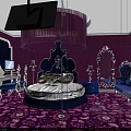 Luxurious Hotel Room With Round Bed Purple Walls Crystal Chandelier And Blue Furniture