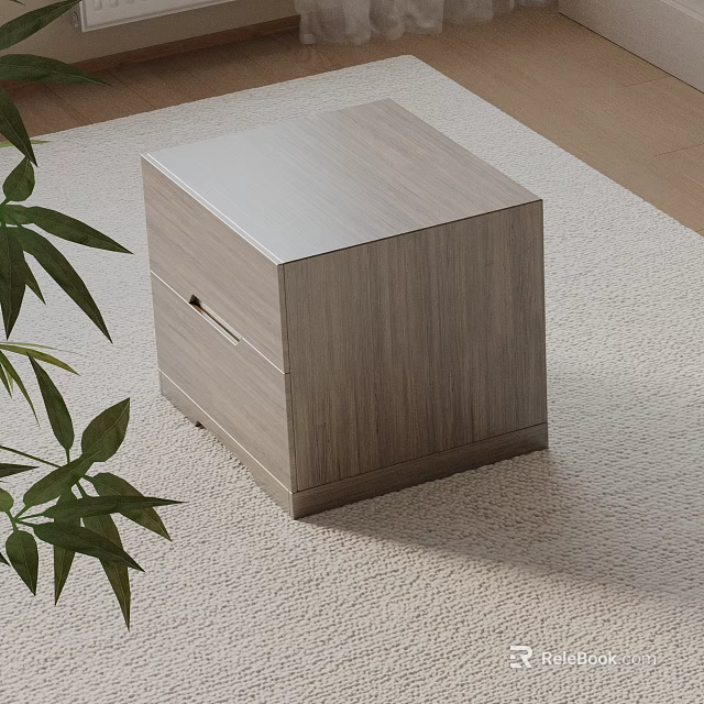 Light Wood Cube Shaped Bedside Table On Light Colored Carpet With Green Plant Leaves 3d model 