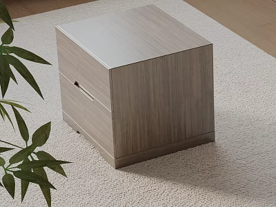 Light Wood Cube Shaped Bedside Table On Light Colored Carpet With Green Plant Leaves 3d model