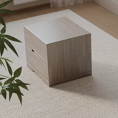 Light Wood Cube Shaped Bedside Table On Light Colored Carpet With Green Plant Leaves 3d model