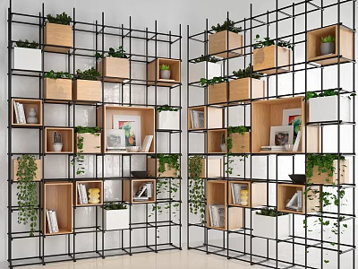 Modern Open Bookcase With Metal Frame Wooden White Compartments Green Plants And Photo Frames 3d model
