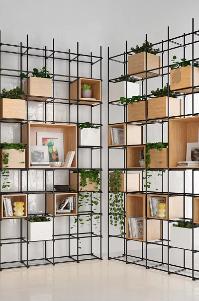 Modern Open Bookcase With Metal Frame Wooden White Compartments Green Plants And Photo Frames 3d model