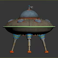Alien Character And Extraterrestrial Being In UFO With Transparent Dome Green Ring And Colored Structures
