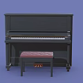 Black Upright Piano Musical Instrument With Red Cushioned Stool On Blue Background