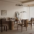 Dining Table Set with Wooden Tabletop Four Chairs Vase Plants Windows Blinds Painting and Cabinet