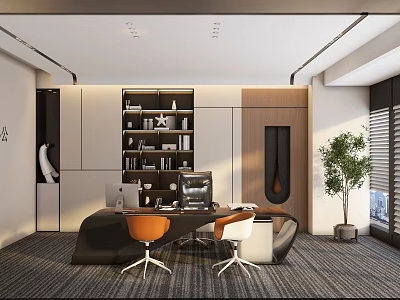 Modern Office Interior Design With Desk Chairs Bookshelf And Green Plant 3d model